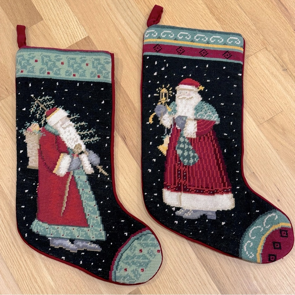 2 Vintage Wool Christmas Stockings Santa Needlepoint 19"